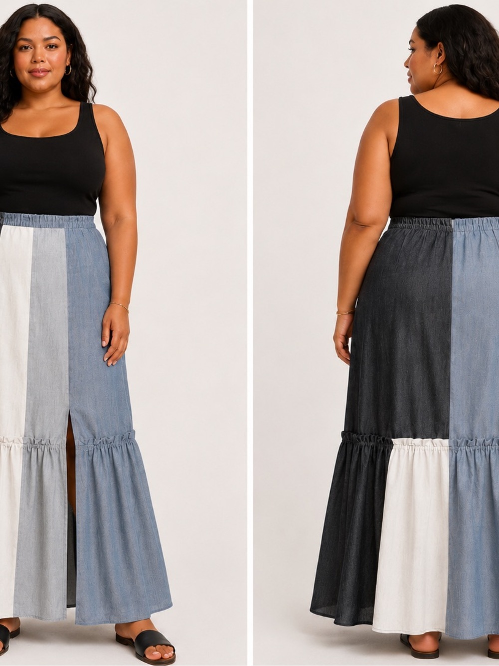 Ashley Stewart Black, Blue & White Colorblock Maxi Skirt with Front Slit